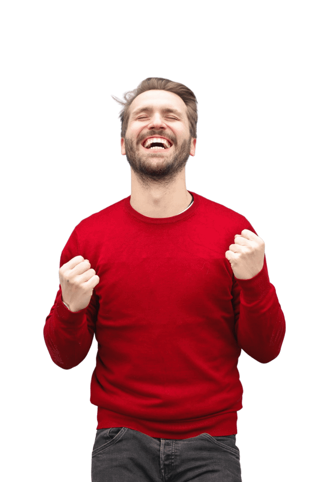 happy white male with red shirt